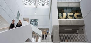 Inside the University College Copenhagen lobby and stairs