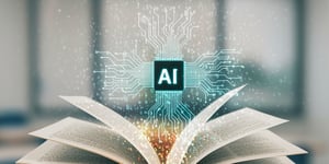 Öppen bok med en AI-krets som kommer ut ur den