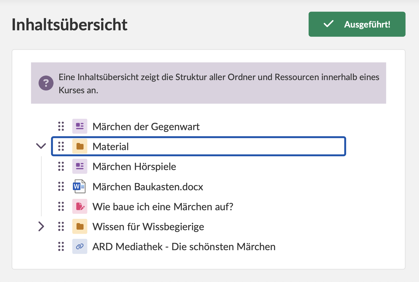 Reorganisieren in der Inhaltsübersicht